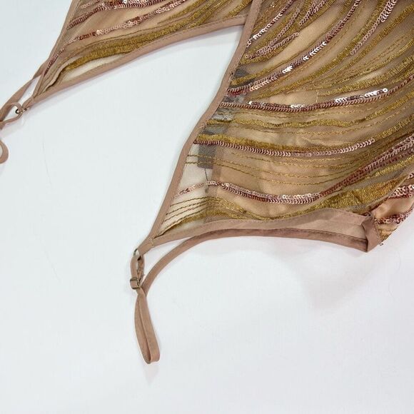 NWT Akira Maxi Dress Womens Large Tan Sequin Copper Spaghetti Strap Long - Picture 11 of 12